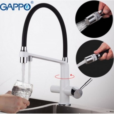 Смеситель для кухни гибкий силиконовый гусак с выходом для фильтра  GAPPO G4398-9 Белый